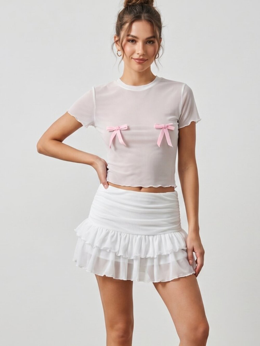NWOT | 2-Piece Sheer White Skirt & Top Set | Coquette Core | Pink Bows | Small